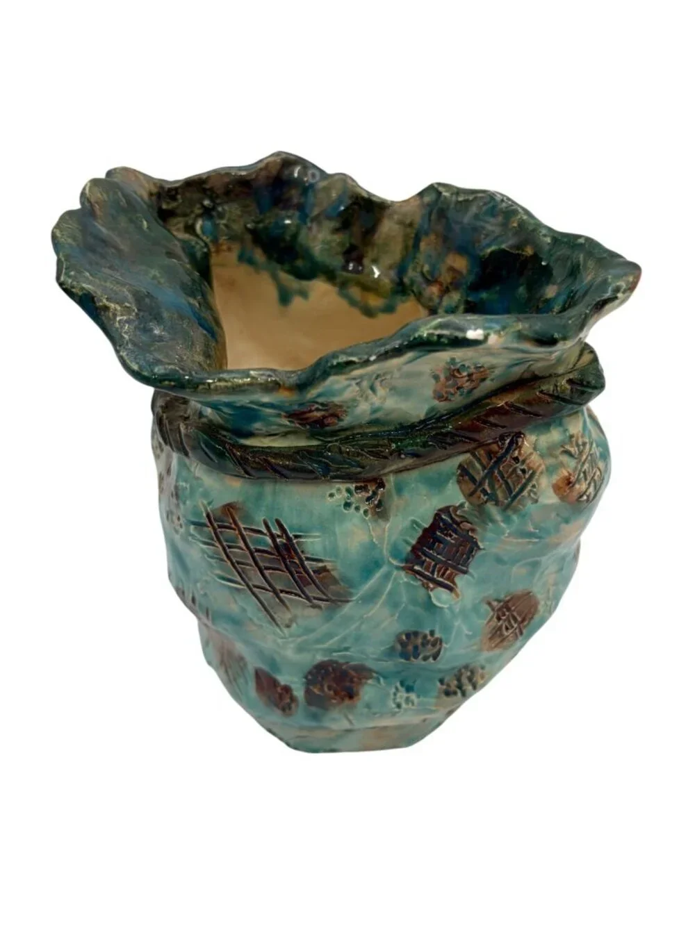 Signed Studio Pottery Vase Teal Drip Glaze Sculptural Art Vessel 5.5in Retro MCM
